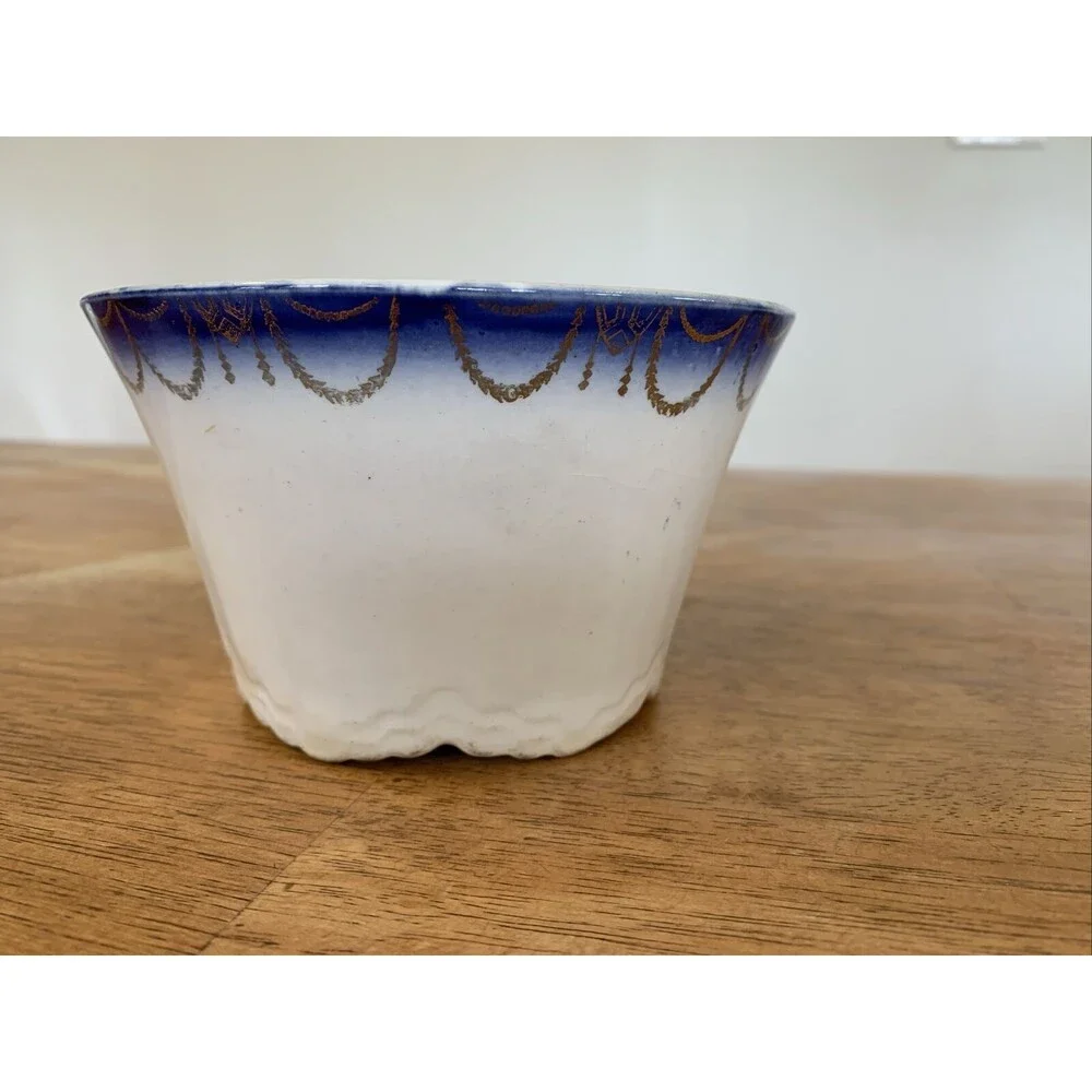 Vintage Antique Blue‎ Gold Trim Planter Bowl Japan? China Beautiful! Markings